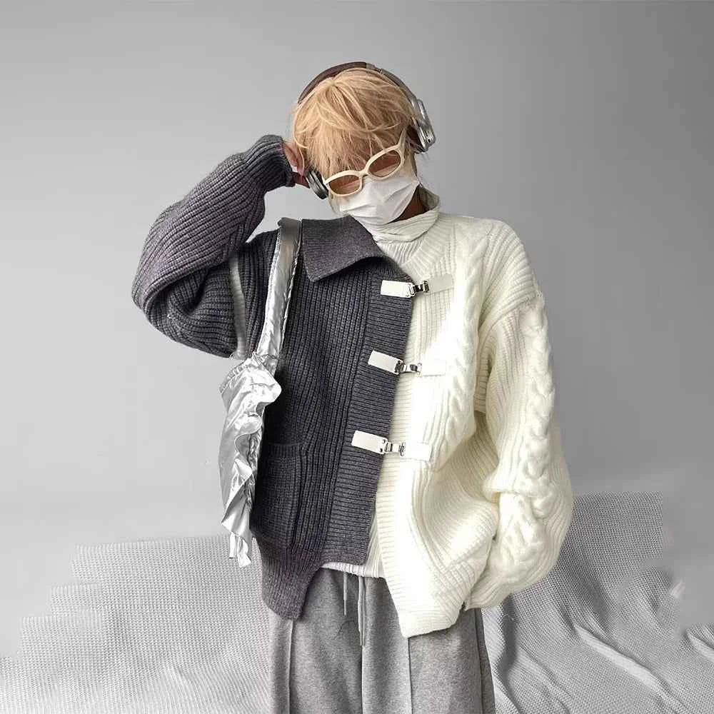 Personality Soft Knit Button Splicing Cardigan