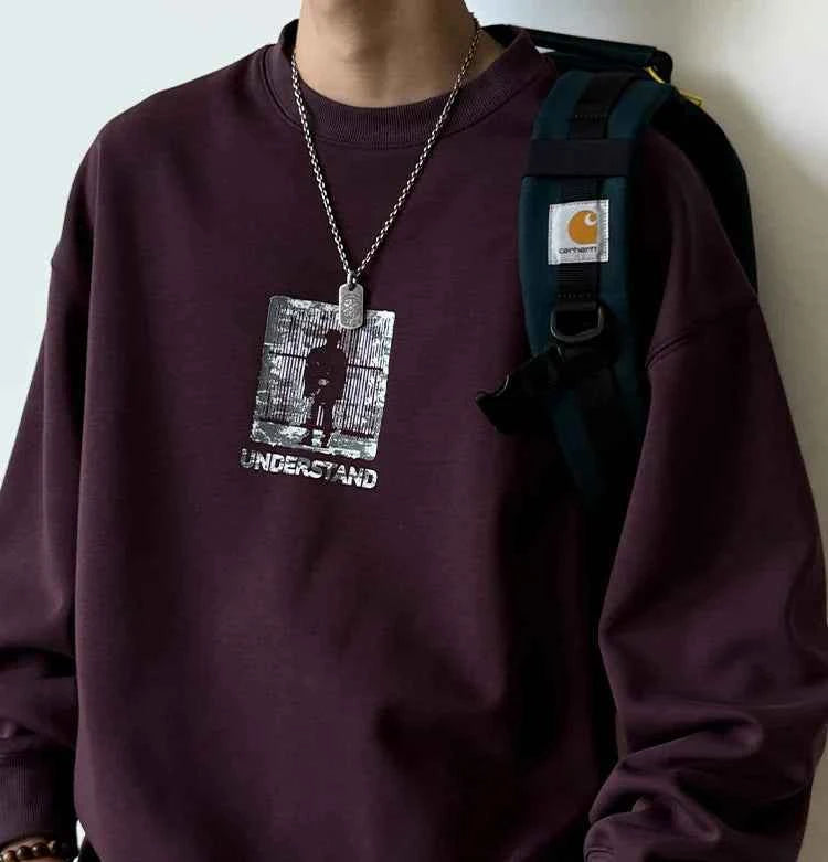 Versatile Loose Fit Round Neck Print Sweatshirt
