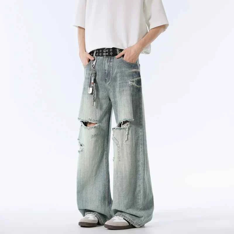 Rugged Blue Distressed Wide Leg Jeans