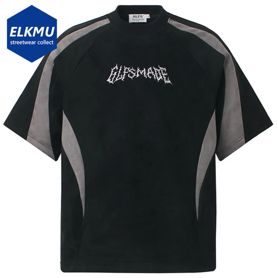 Streetwear Suede T Shirts Patchwork Oversized Hip Hop T-shirts