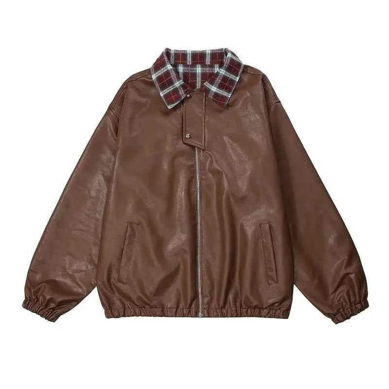 Women Reversible Bouble Face Plaid Biker Leather Jacket