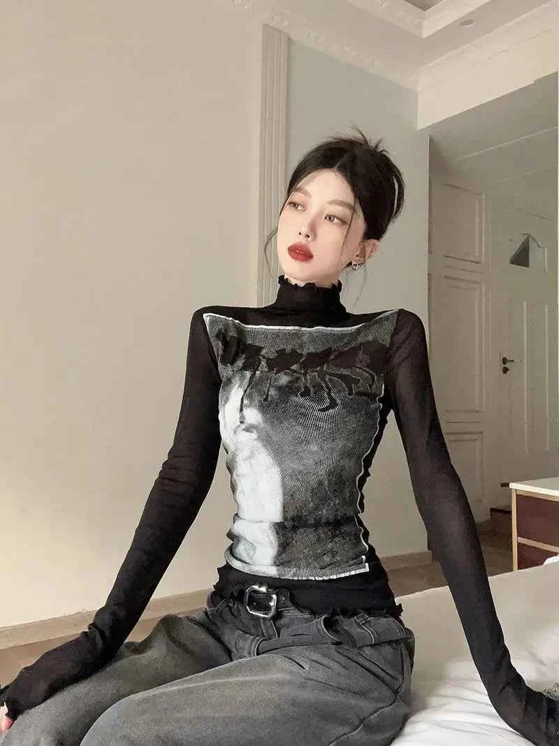 Vintage Mesh High Neck Long T-Shirt