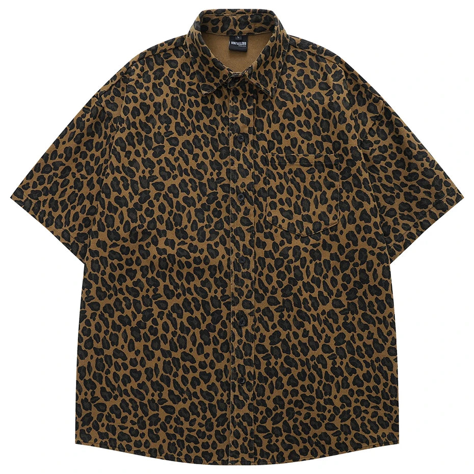 Men Vintage Leopard Shirts Streetwear Harajuku Hip Hop Oversized Shirts Button Up Blouse Casual Loose Shirts