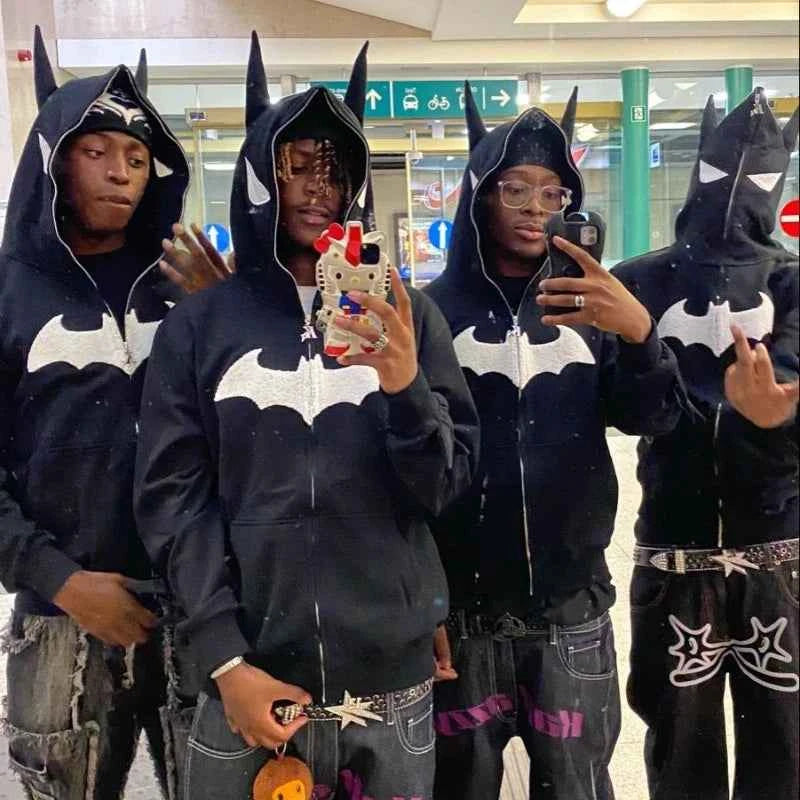 Y2K Oversized Embroidered Zip-Up Bat Man Hoodie