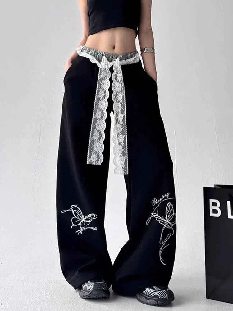 Y2K Vintage Butterfly Cool Lace Patchwork Sweatpants