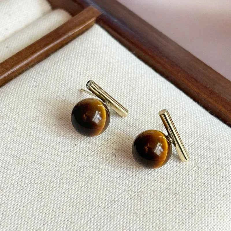 Minimalist Tiger Eye Stone Round Beads Earring