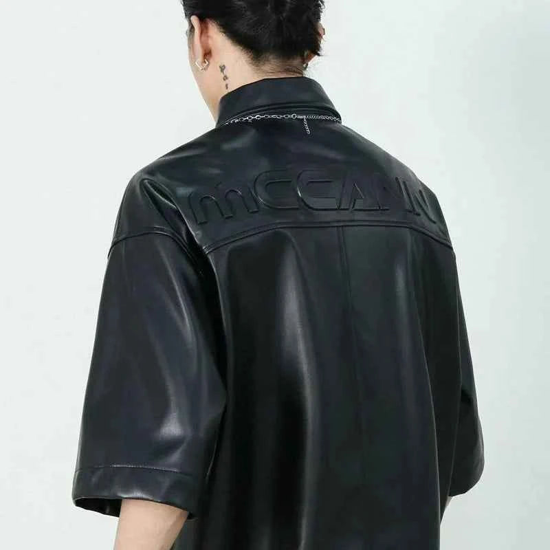 Black Embossed Short Sleeve PU Leather Shirt