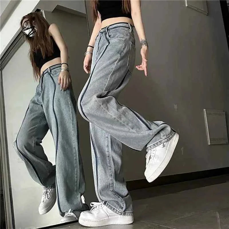 High Waisted Panelled Straight Leg Jeans