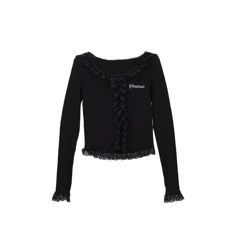 Women Spicy Lace Trim Long Sleeve T-shirt
