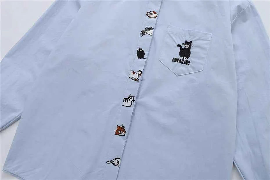 Premium Cats Embroidery Loose Long Sleeve Shirt