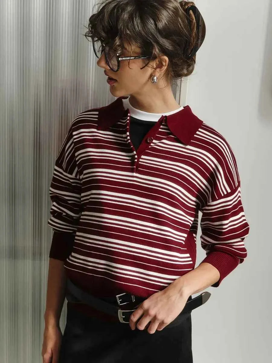 Streetwear Vintage Striped Knitted Polo Collar T-Shirt
