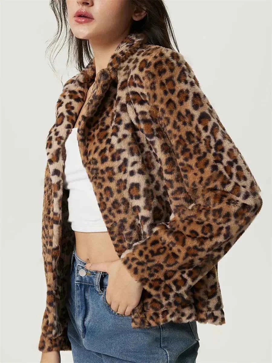 Women Leopard Print Faux Fur Jacket
