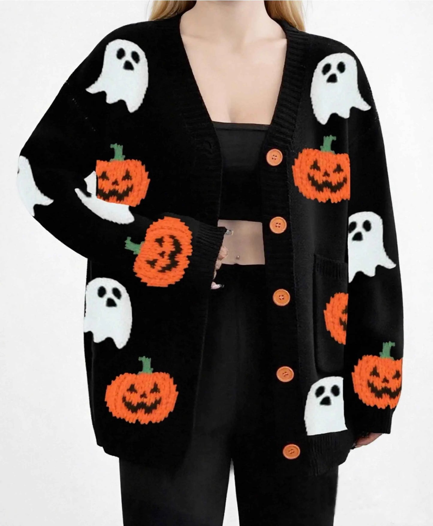 Halloween Cozy Pumpkin Pattern Knit Cardigan