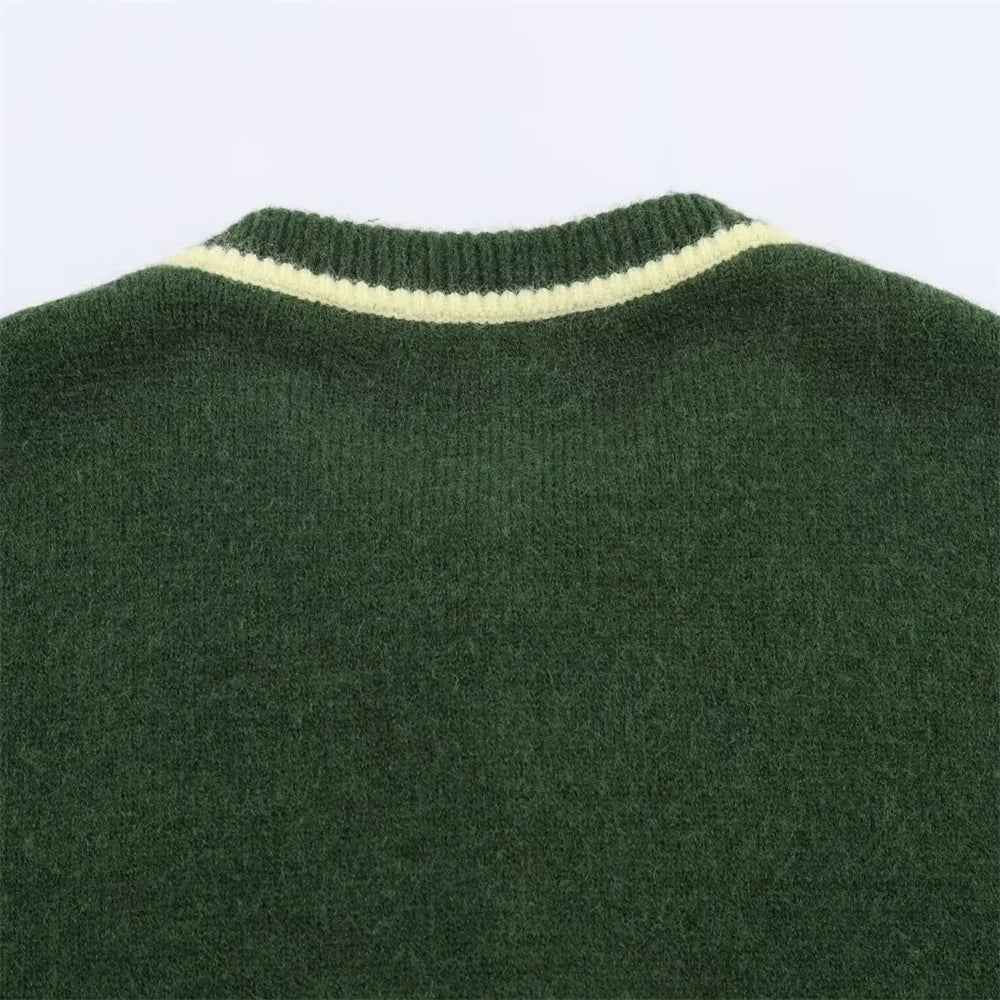 Contrast Color Round Neck Long Sleeve Knit Cardigan