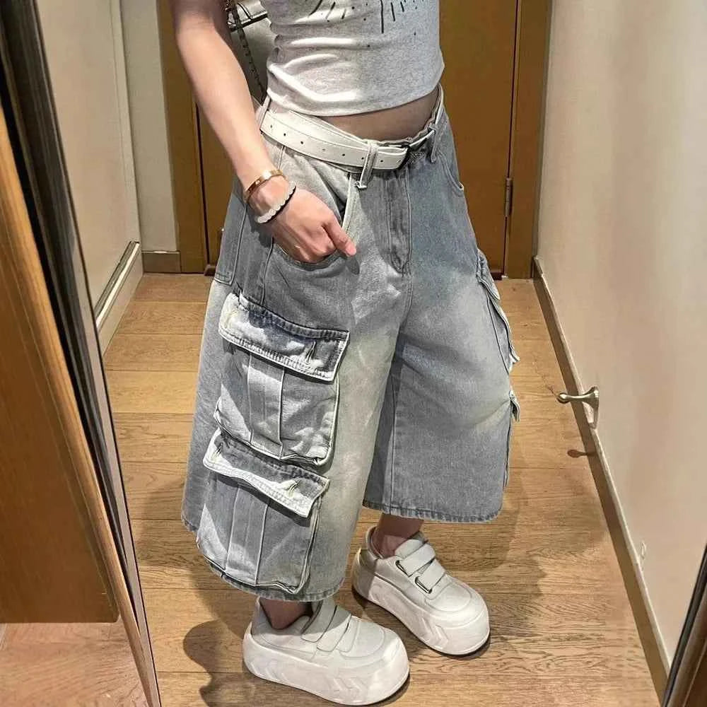 Streetwear Washed Denim Cargo Jorts
