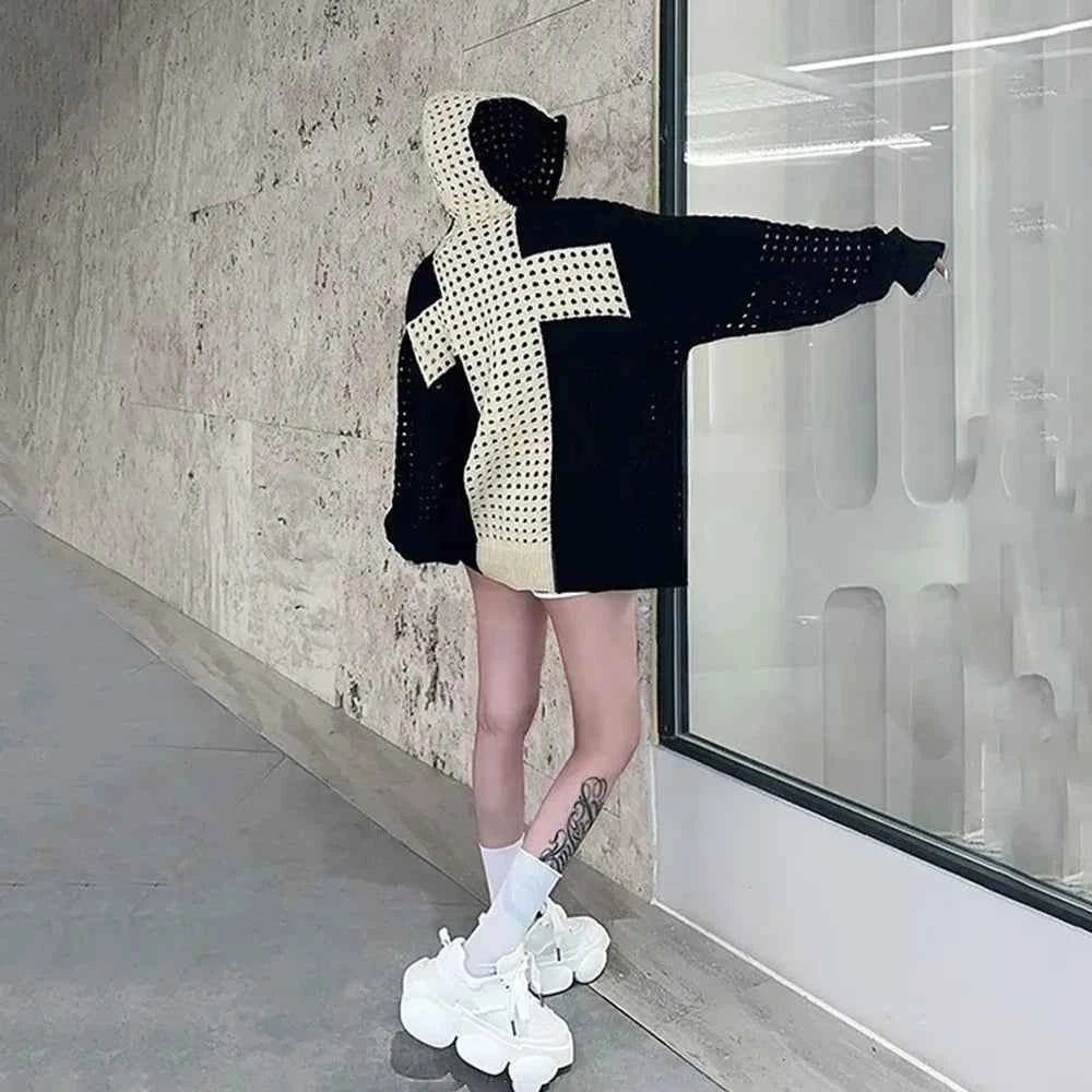 Elevated Colorblock Hollow Casual Hooded Sweater