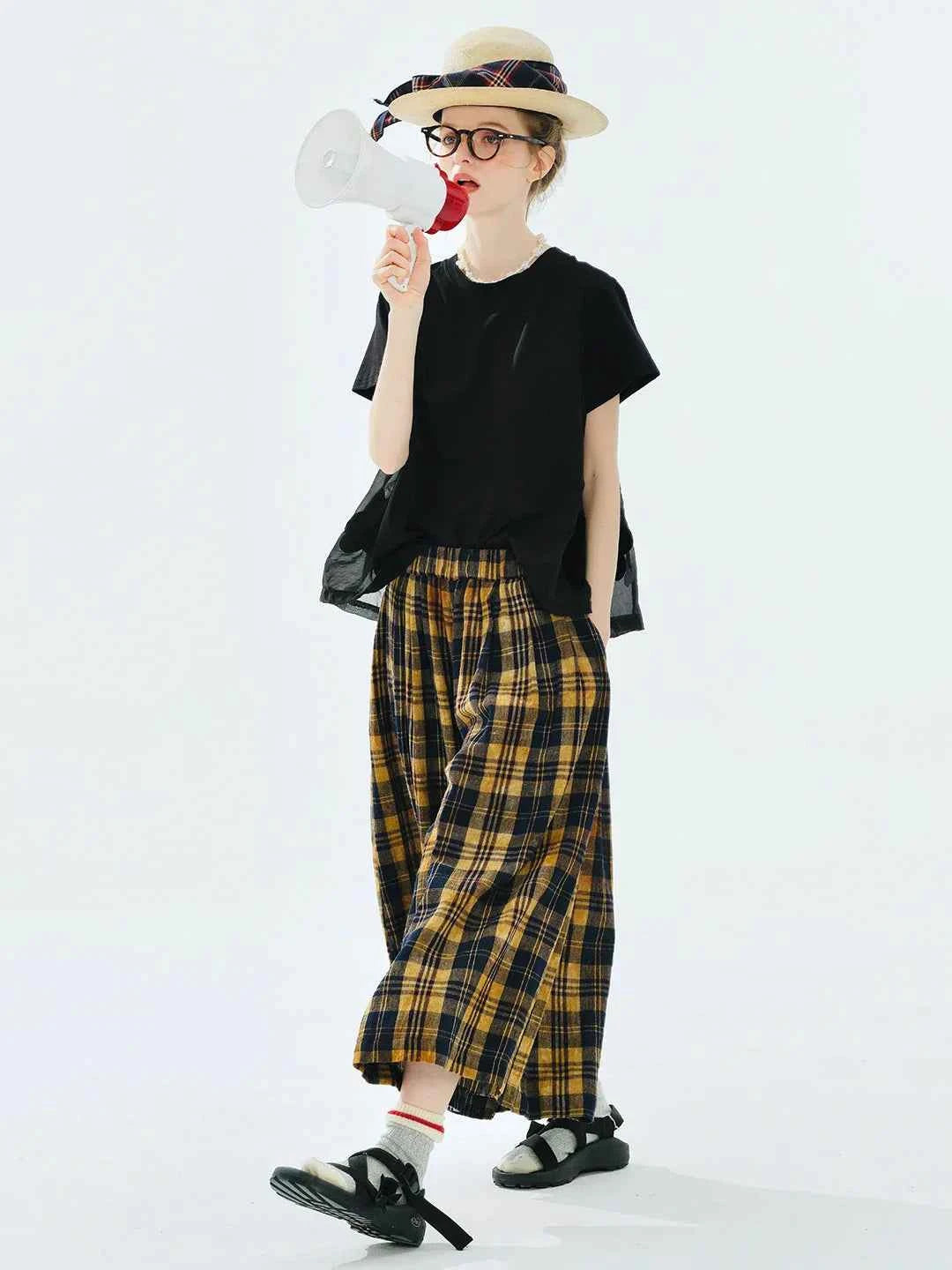 Yellow Black Checkered Elastic Waist Pants
