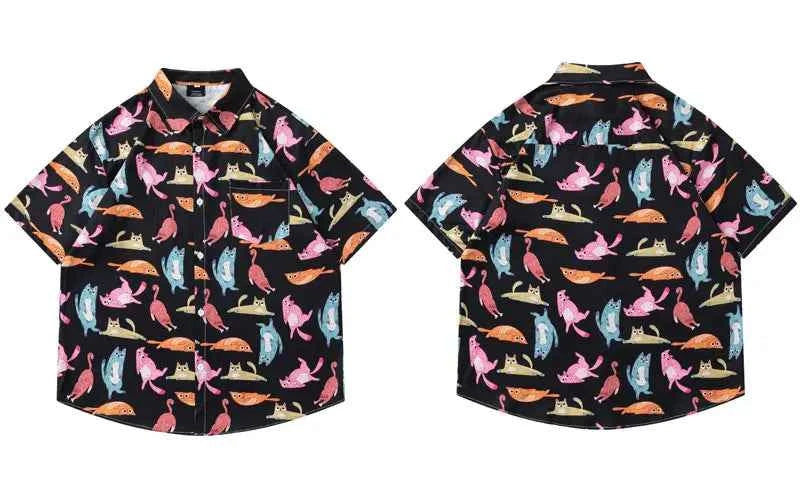 Flattering Funny Cartoon Cat Beach Button Shirt