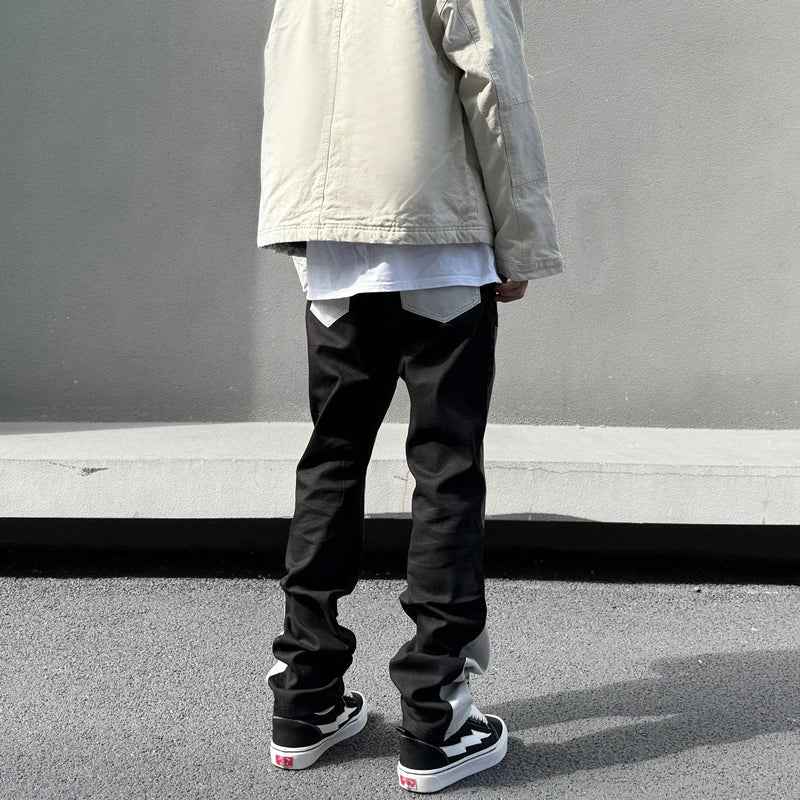 Black Gray American Style Embroidered Stacked Jeans