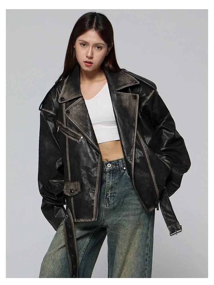 Streetwear Retro Distressed Black Leather Jacket