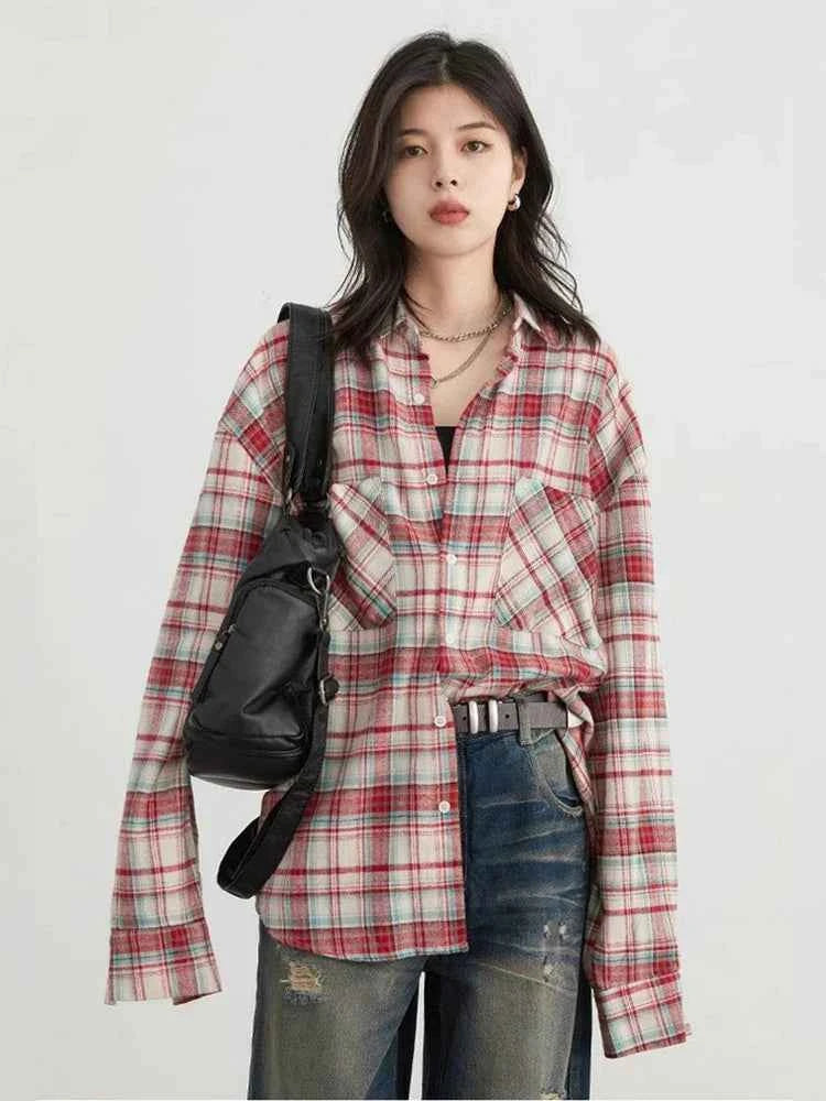 Women Vintage Plaid Oversize Long Sleeve Shirt