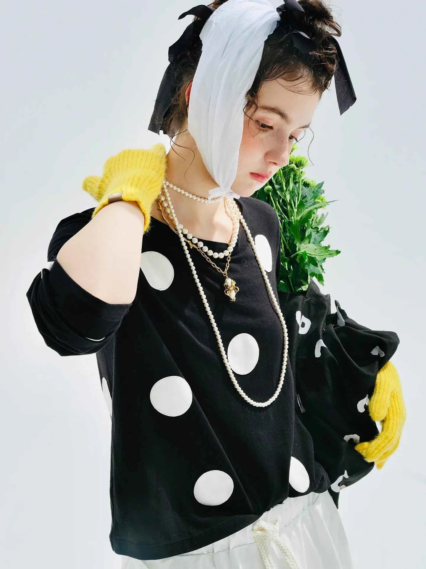 Polka Dot Black White Long Sleeve T-Shirt