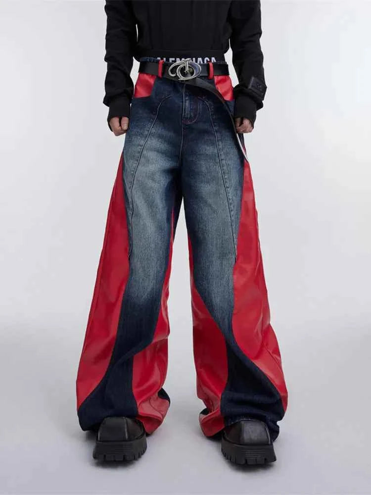 Streetwear Red Patchwork Baggy Wide Leg Jeans