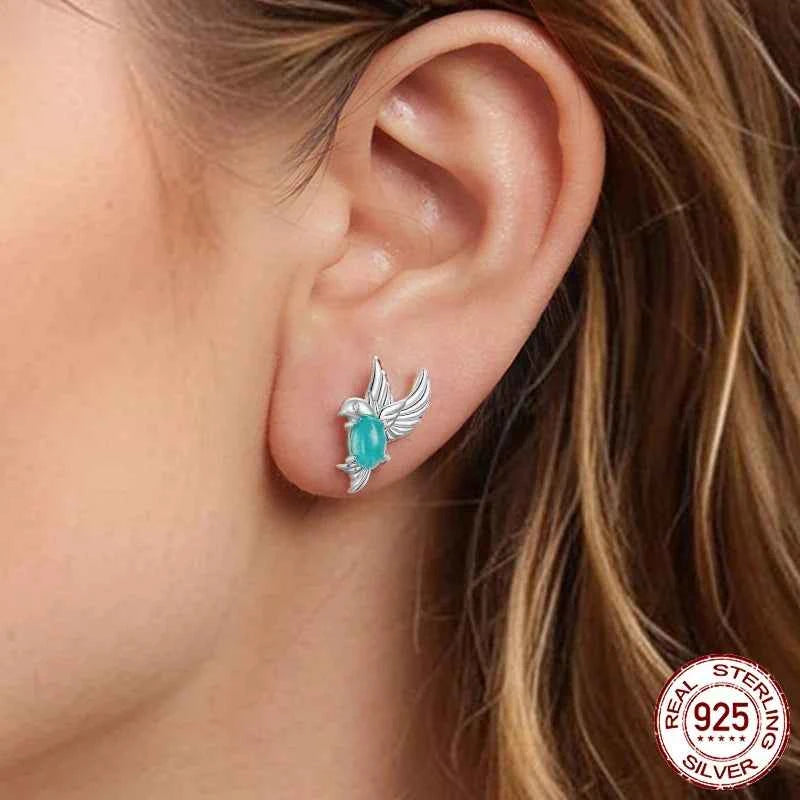 Women Cute Green CZ Bird Stud Earrings