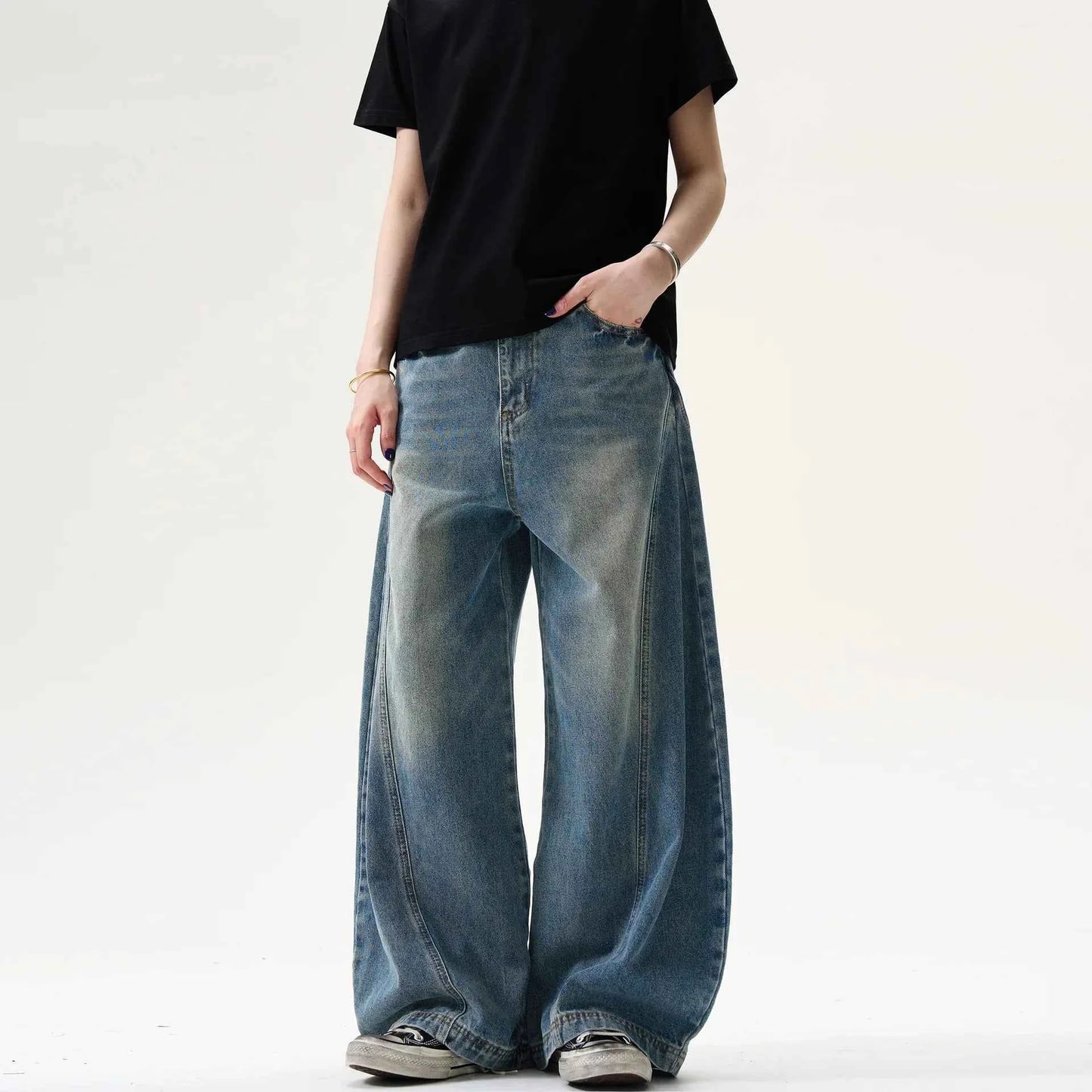 Effortless Cool Retro Pleated Printed Wide Leg Jeans