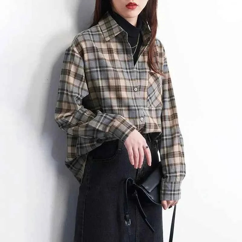 Elegant Plaid Retro Design Blouses Shirt