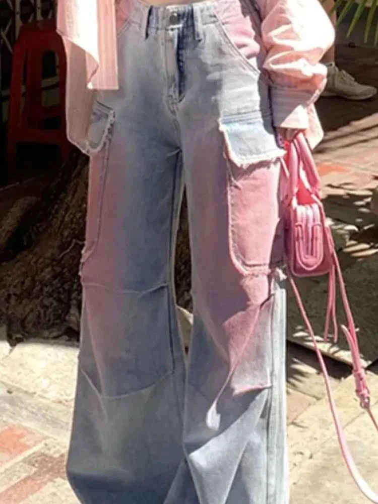 Women High Waist Loose Cool Tie Cargo Jeans