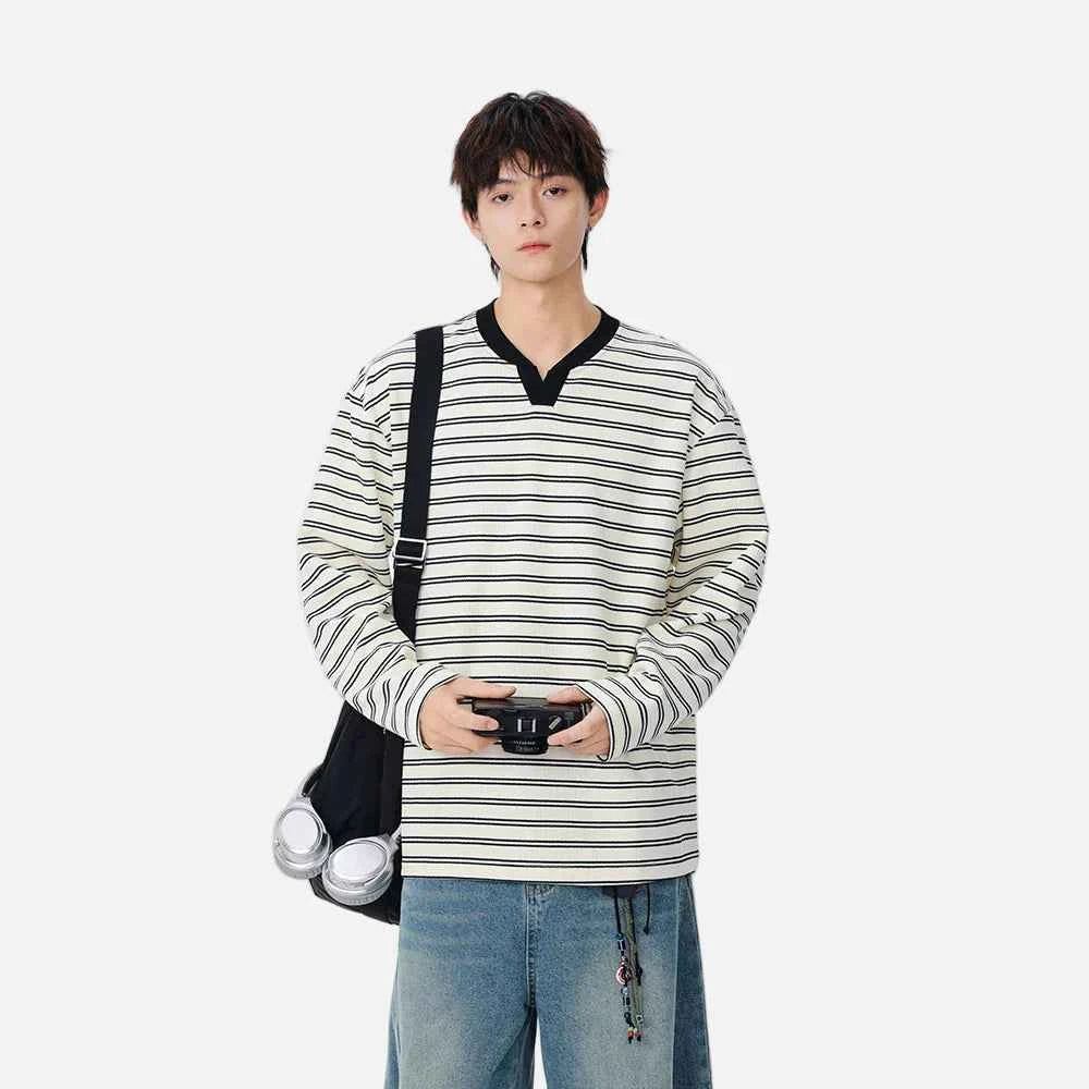 Striped Casual Long Sleeve V-Neck T-Shirt