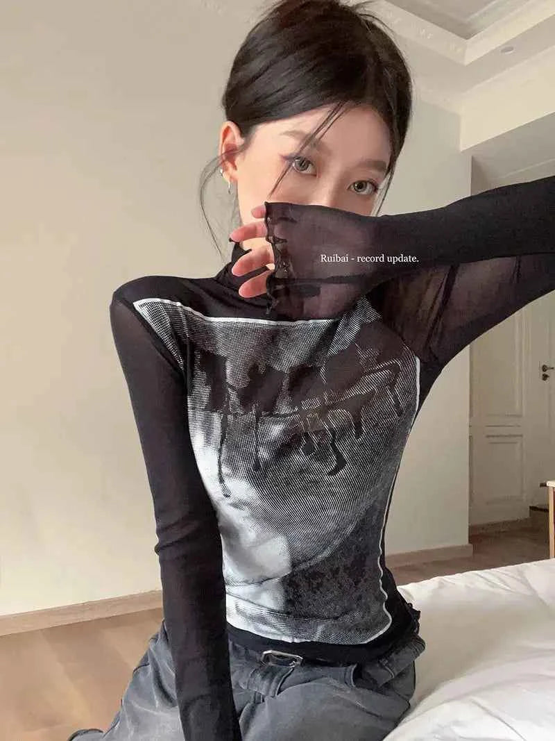 Vintage Mesh High Neck Long T-Shirt