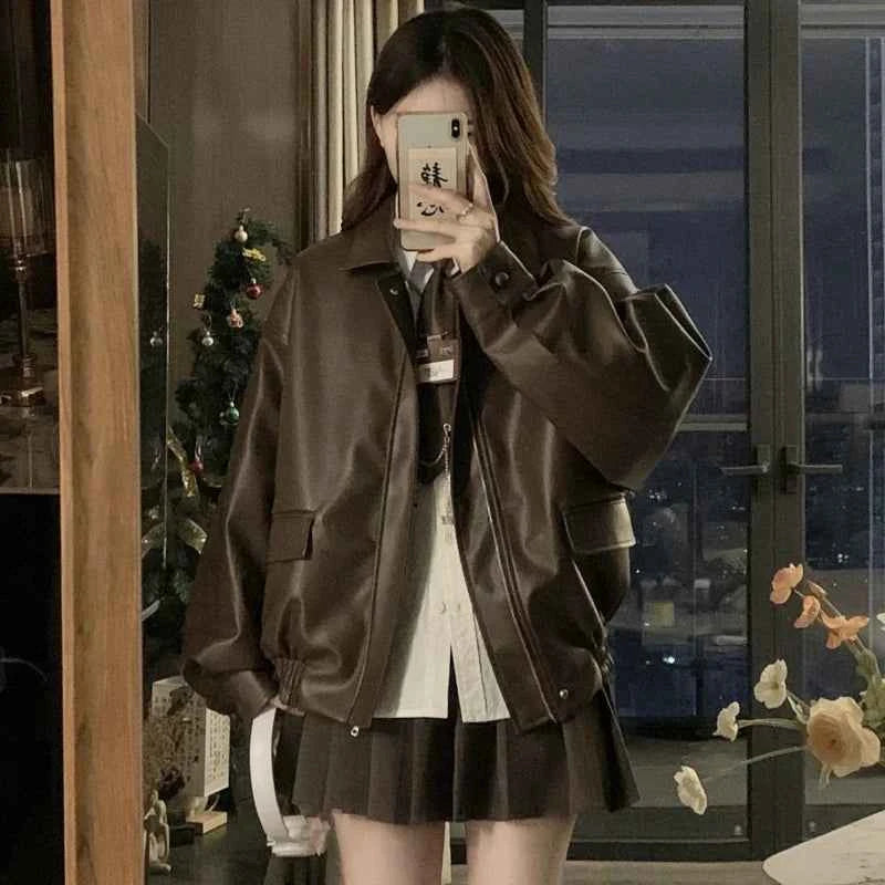 Retro Black PU Long Sleeve Leather Jacket