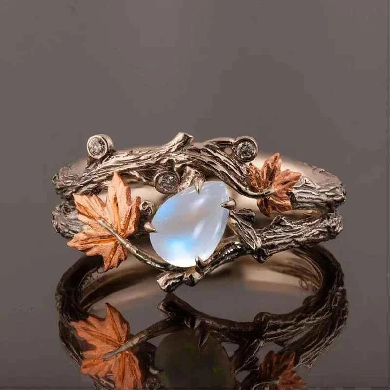 Elegant Gold Moonstone Maple Leaf Ring