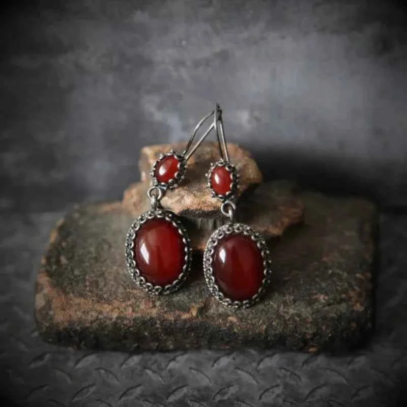 Red Zircon Inlaid Oval Drop Earring