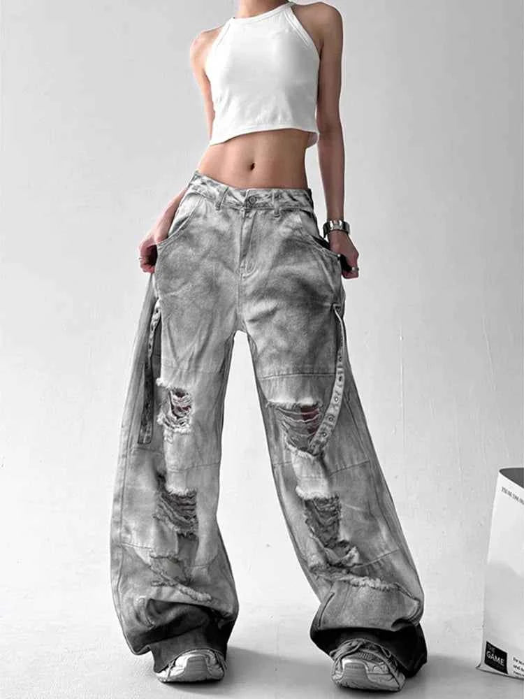 Y2K Streetwear High Waist Wide Leg Ripped Jeans