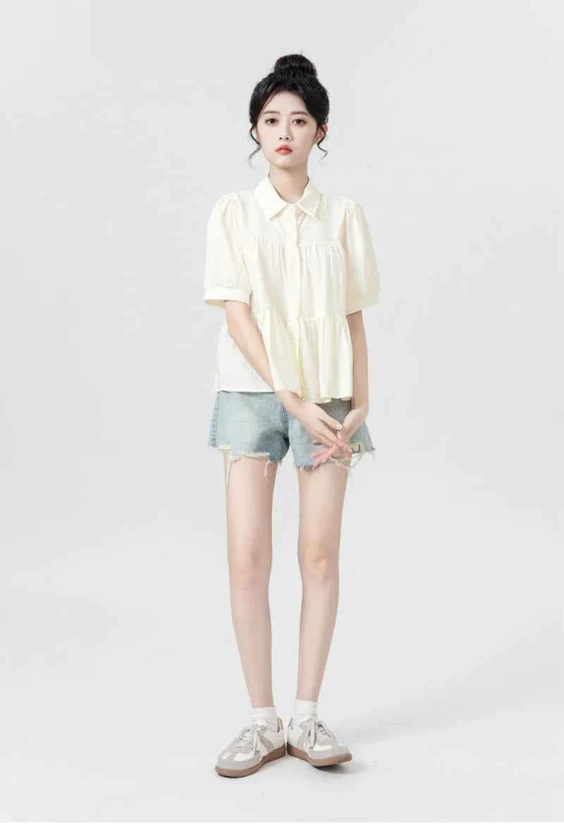 Women Japanes Style Sweet Summer Korean Loose Puff Shirt