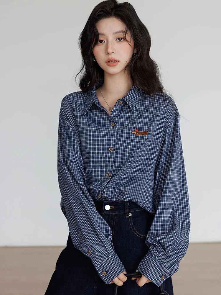Oversize Vintage Plaid Japanes Style Blouse Shirt