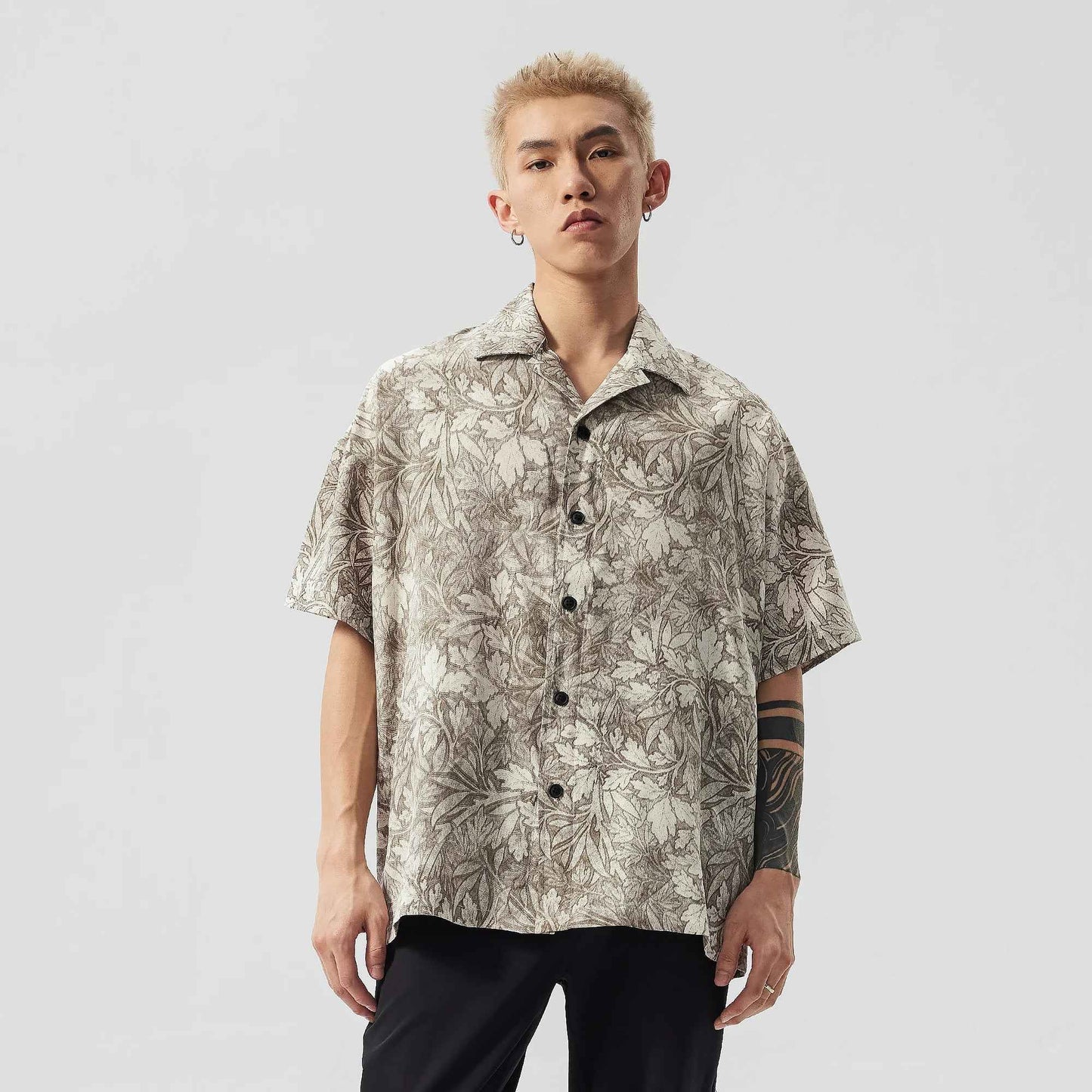 Men Korean Style Floral Printed Loose Lapel Shirt