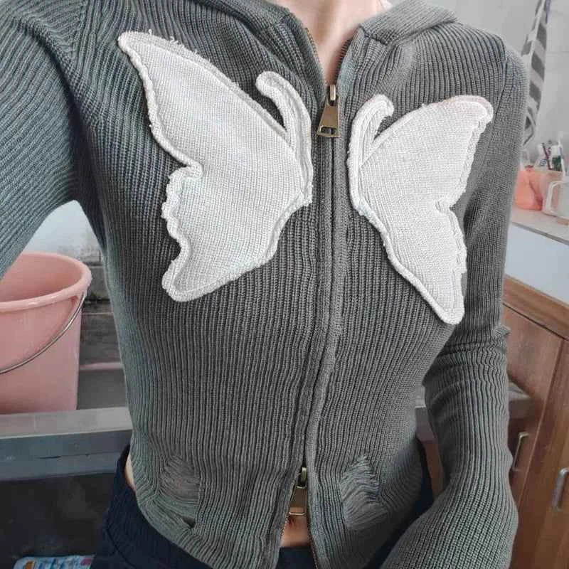 Y2K Butterfly Hole Knitted Zipper Crop Cardigan