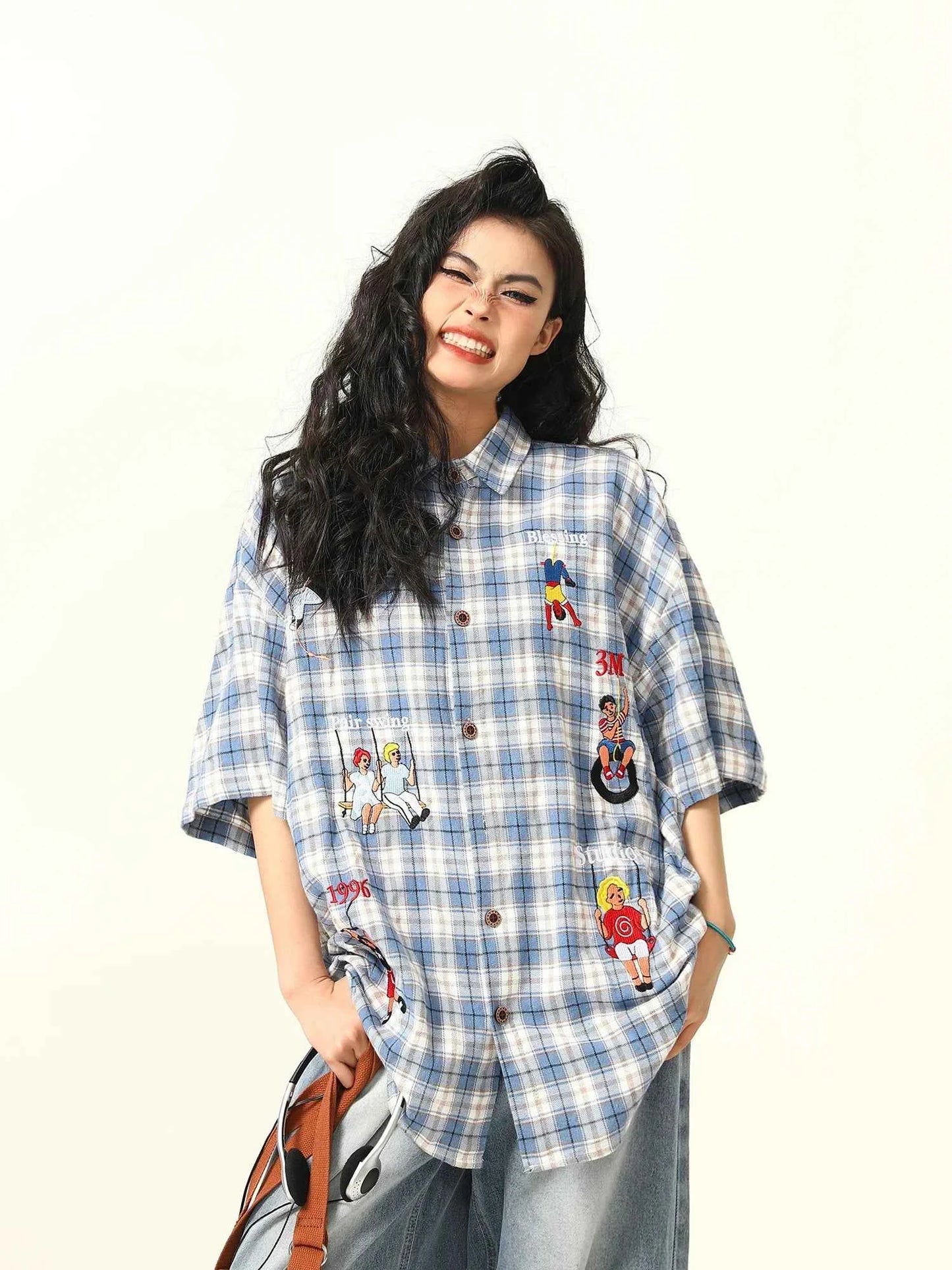 Blue Plaid Cartoon Character Embroidered Shirt