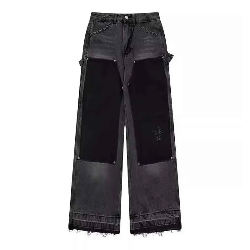 Casual Retro Black Whiskers Baggy Jeans