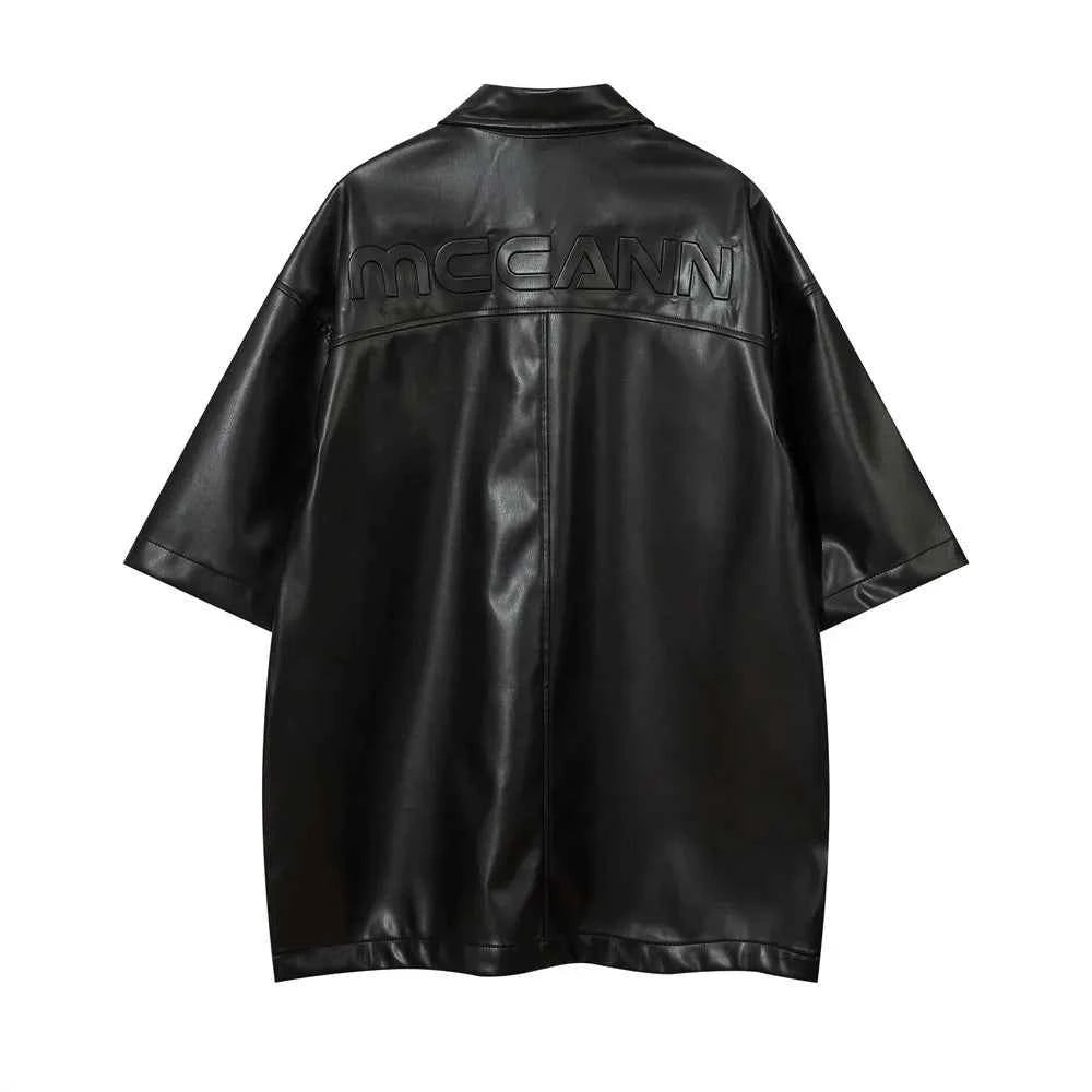 Black Embossed Short Sleeve PU Leather Shirt