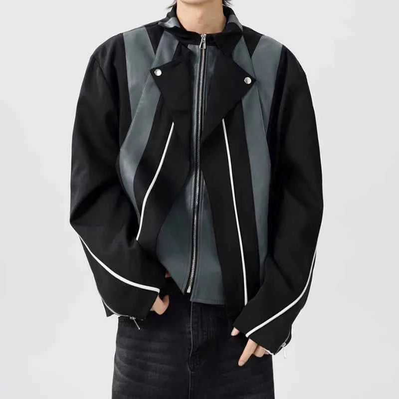 Streetwear Patchwork Contrast Color Zipper Jacket