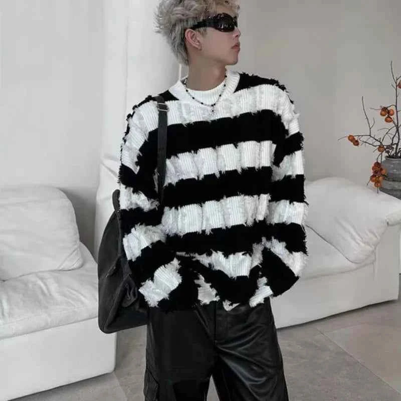 Classic Hairy Striped Round Neck Sweater