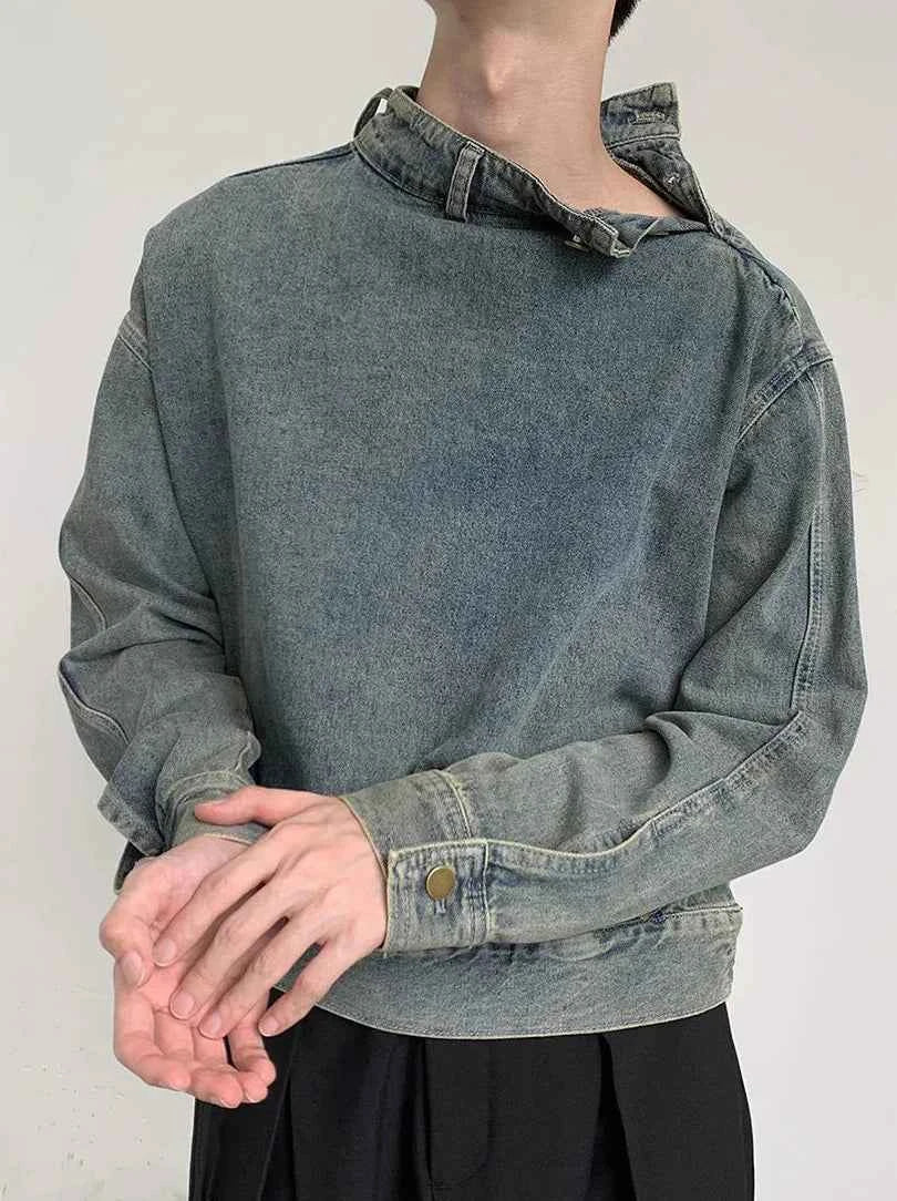 Y2K Washed Buckle Collar Motorcycle Denim Jacket