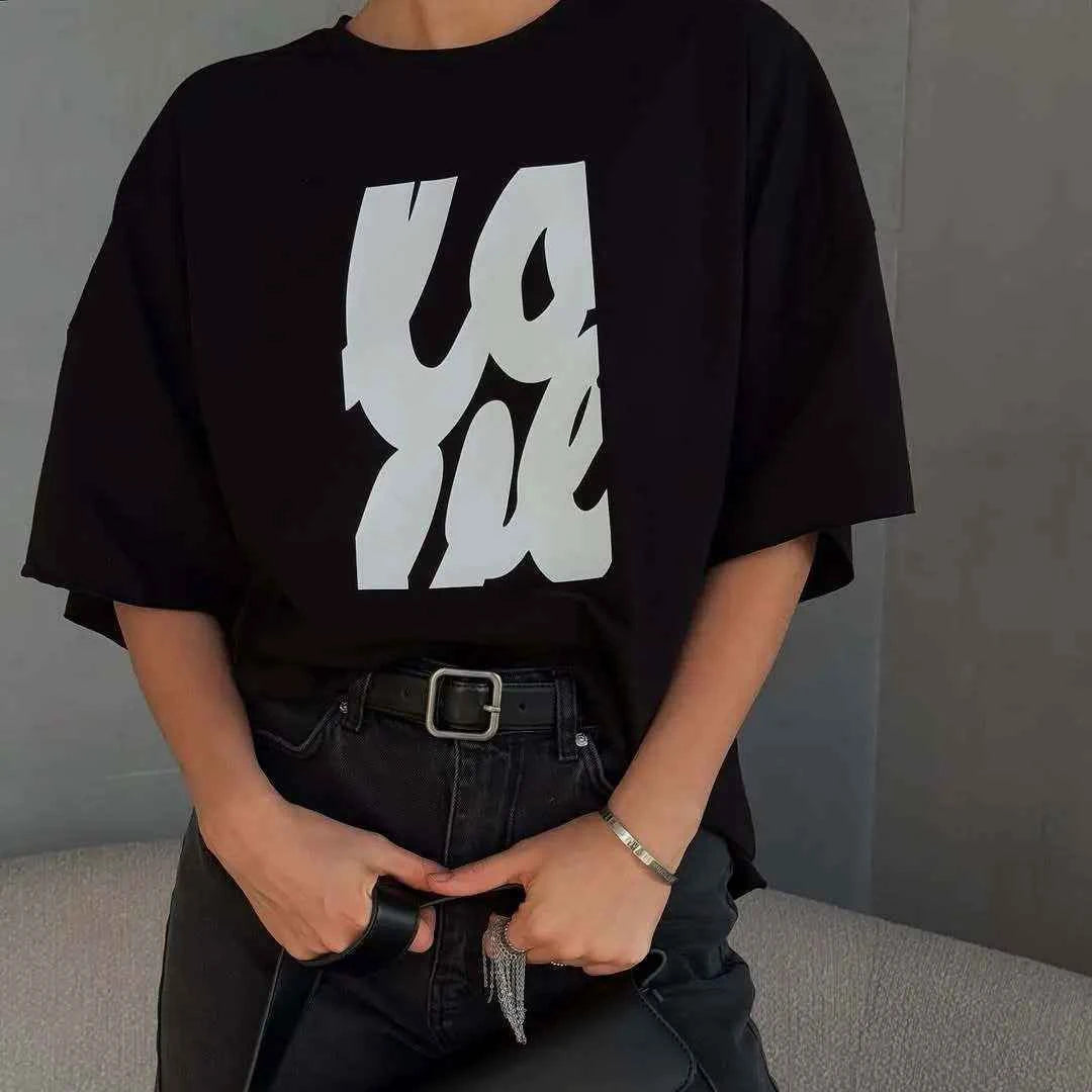 Y2K Russian Style Letter Printed Loose Cotton T-Shirt