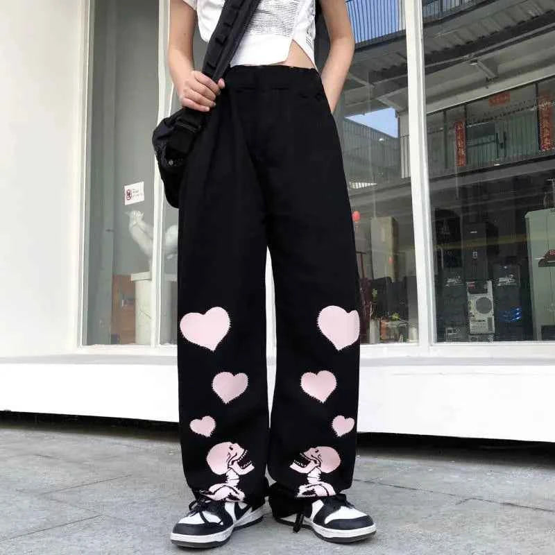 Skulls Print Loose Hearts Wide Leg Pants