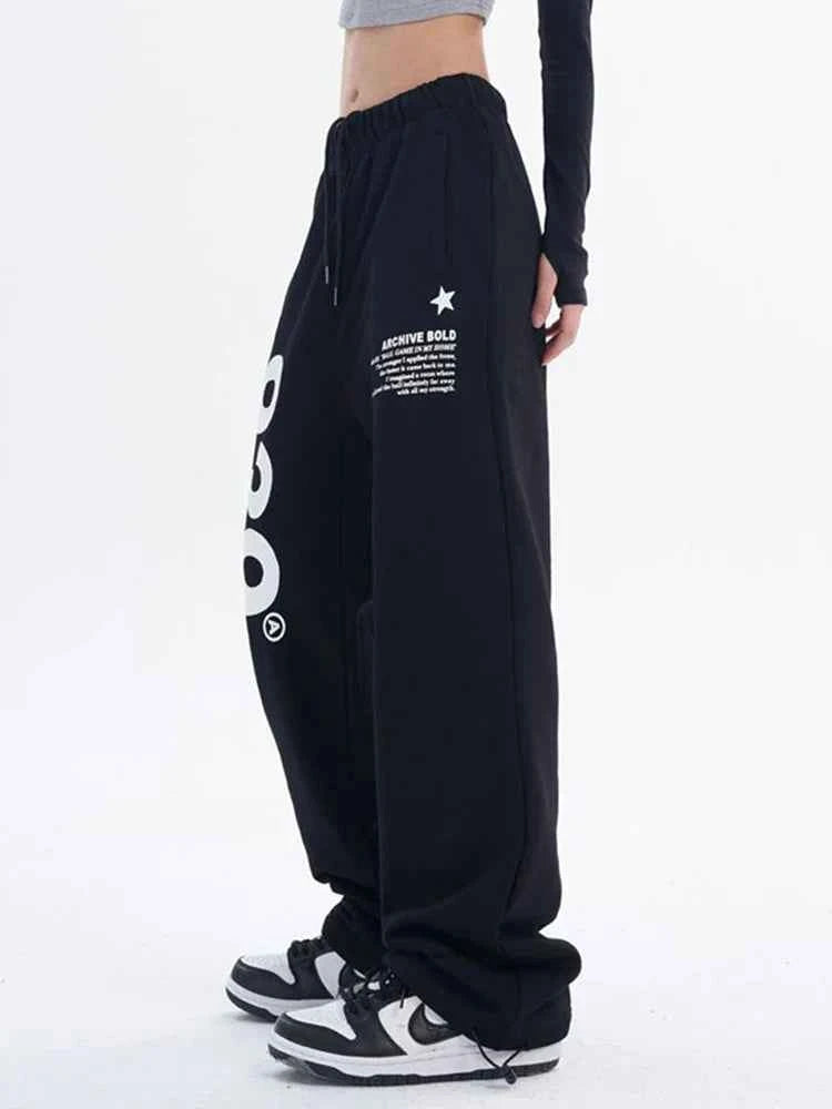 Vintage Black Korean Letter Print Wide Sweatpants